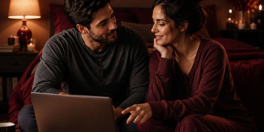 Coppia che parla apertamente di come chiedere quello che si desidera a letto in una camera accogliente, lovesexshop.it sex shop
