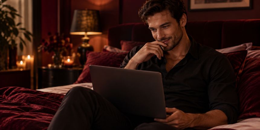 Uomo seduto a letto con un laptop mentre legge consigli sulla masturbazione | lovesexshop.it sex shop